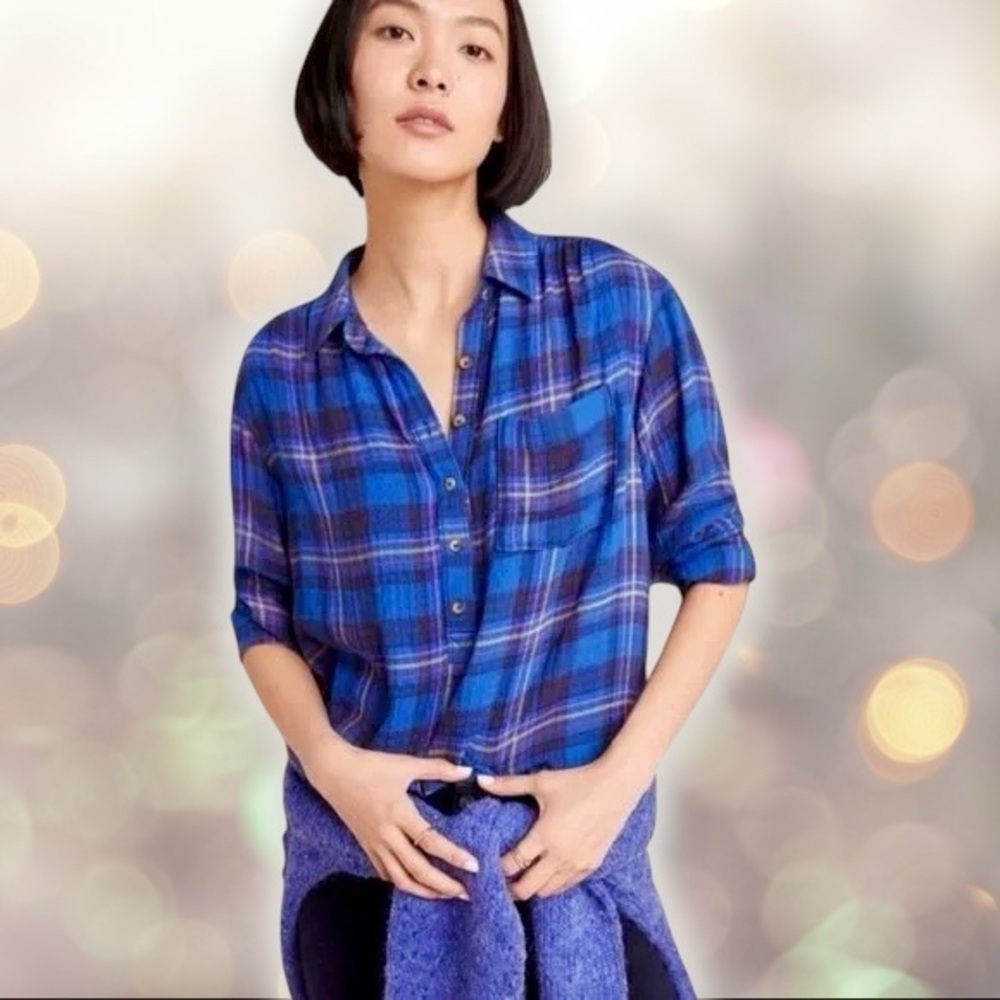 Anthropologie ‘Isadora’ Button-Back Flannel Tunic in Blue Plaid Size Medium
